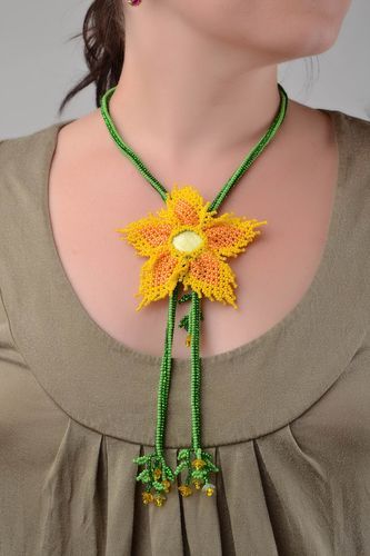 Bright long handmade necklace made of beads and natural stones Yellow flower - MADEheart.com