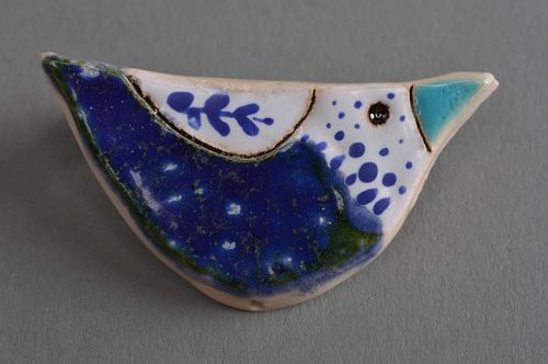Handmade designer clay brooch in the form of blue bird on pin small stylish jewelry - MADEheart.com