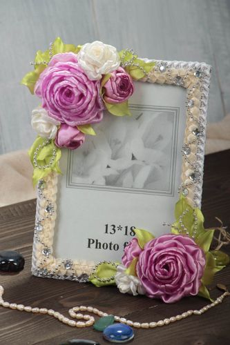 Handmade wooden photo frame with textile flowers interior decorating gift ideas - MADEheart.com
