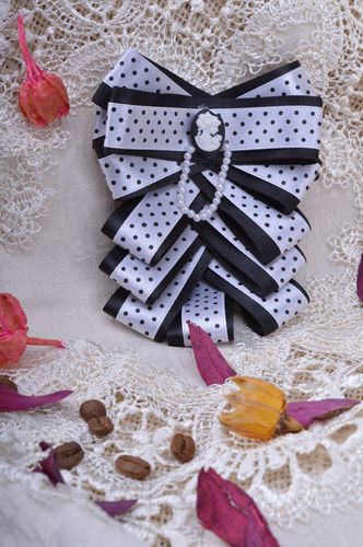 Handmade volume black and white ribbon jabot brooch with beads and cameo - MADEheart.com
