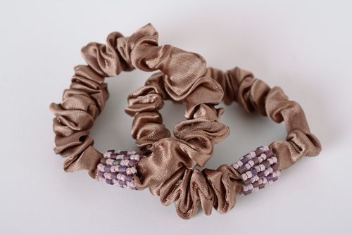 Set of handmade satin hair ties with beads 2 items textile hair accessories - MADEheart.com
