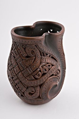 Brown 7 inches decorative table vase in laced clay technique 1 lb - MADEheart.com