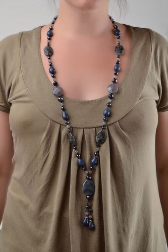Handmade dark long natural stone designer necklace with pendant stylish - MADEheart.com