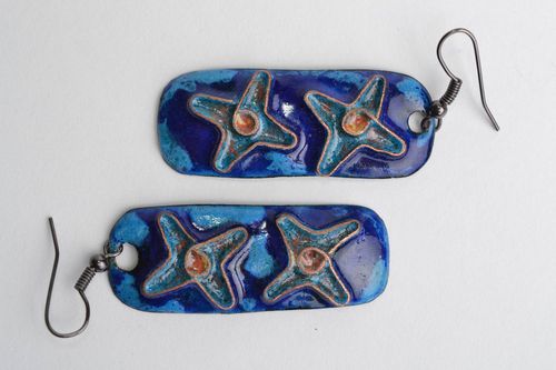 Handmade bright rectangular long copper enameled dangling earrings Blue Stars - MADEheart.com