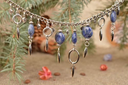Set of handmade metal jewelry with blue beads necklace and earrings Sky - MADEheart.com