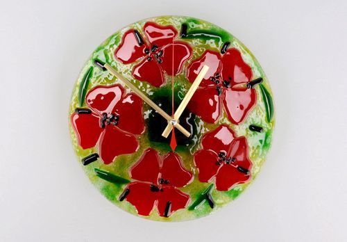 Glass clock made using the fusing technique Poppies - MADEheart.com