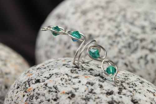 Handmade beaded cuff unusual stylish earring accessory with green crystals - MADEheart.com