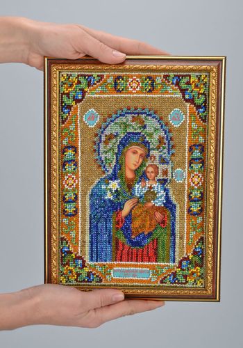 Icon of Holy Mary embroidered with beads - MADEheart.com