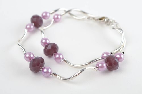 Handmade metal two-row bracelet set with purple and cherry beads for women - MADEheart.com