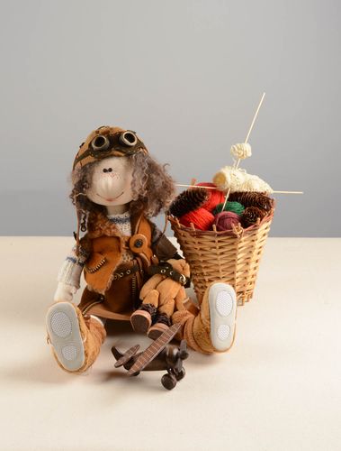 Handmade designer soft doll sewn of linen in the shape of aviator with bear  - MADEheart.com