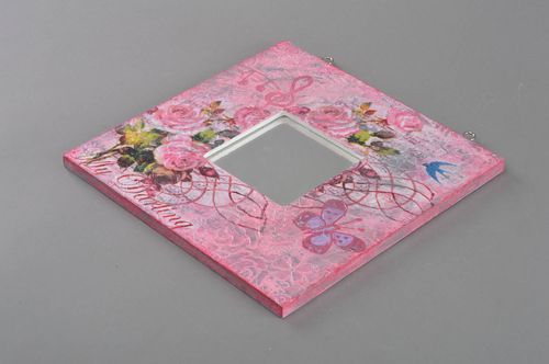 Beautiful pink handmade square mirror in decoupage wooden frame - MADEheart.com