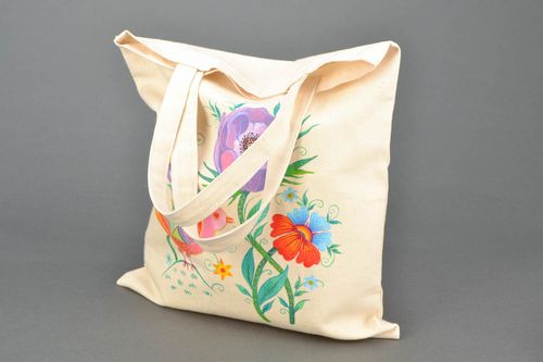 Textile, cotton white shoulder bag with floral design  - MADEheart.com