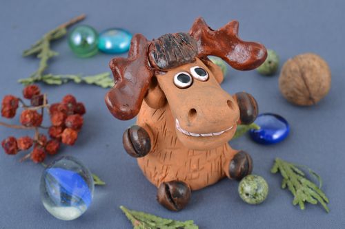 Handmade small ceramic brown figurine of elk painted with acrylics for table decor - MADEheart.com