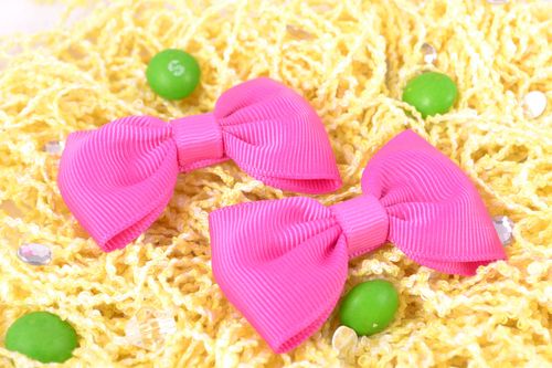 Bright pink small handmade textile hair bows 2 items textile hair accessories set - MADEheart.com