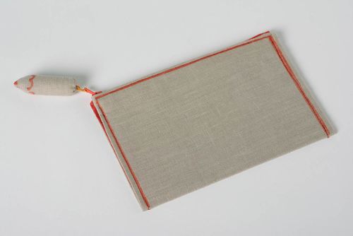 Handmade designer linen fabric cosmetic bag of gray color with decorative pencil - MADEheart.com