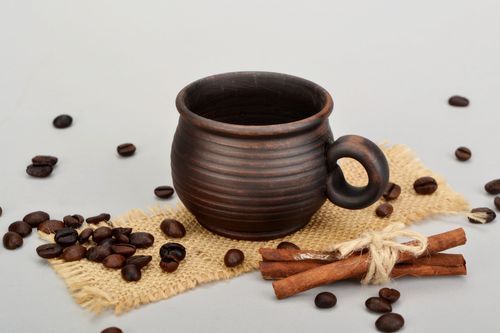 2 oz classic red clay brown coffee cup in pot-shape style with handle and rustic pattern - MADEheart.com
