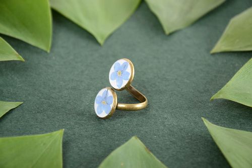 Handmade exquisite metal jewelry ring with blue flowers in epoxy resin - MADEheart.com