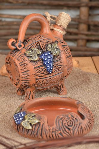 Set of unique handmade ceramic products wine barrel and ashtray made of red clay - MADEheart.com