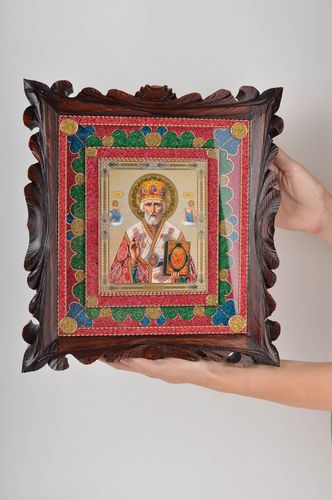 Handmade icon framed icon of Saint Nicholas icon in wooden frame icon of saints  - MADEheart.com