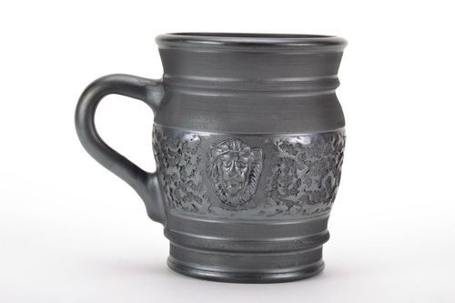 Large black color 8 oz smoked tea cup with the handle molded lion - MADEheart.com