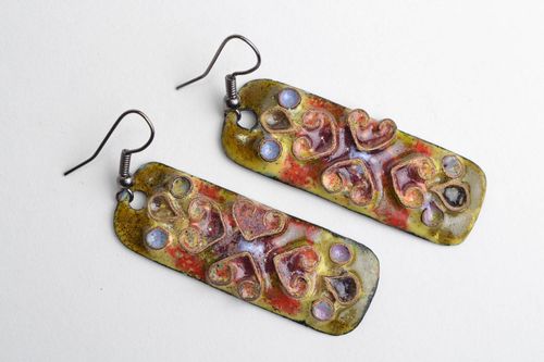 Handmade rectangular dangling enameled copper earrings with relief ornament  - MADEheart.com