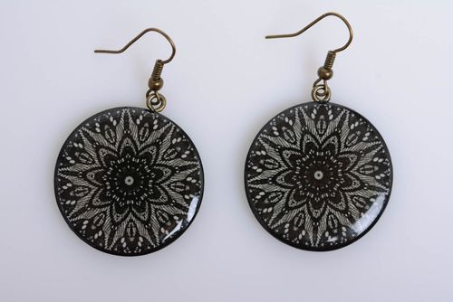 Handmade round ornamented dark polymer clay dangling earrings with decoupage - MADEheart.com
