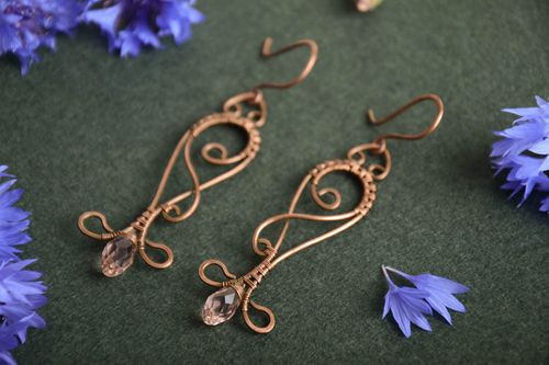Beautiful unusual handmade long wire wrapped copper earring with clear crystal  - MADEheart.com
