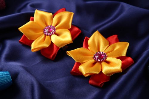Pinces à cheveux fait main Barrettes fleurs en rubans jaune rouge Cadeau fille - MADEheart.com