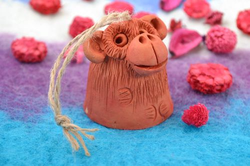 Small funny decorative handmade ceramic bell in the shape of monkey with cord - MADEheart.com