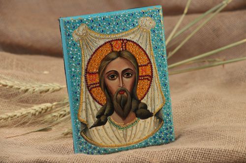 Icono ortodoxo de madera hecho a mano original pintado con gouaches Mandylion - MADEheart.com