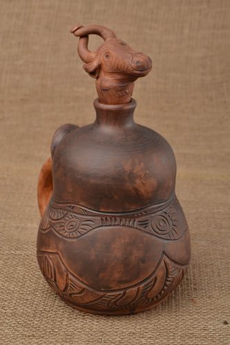 Handmade big brown clay bottle with a cork with bulk of 1 liter  - MADEheart.com
