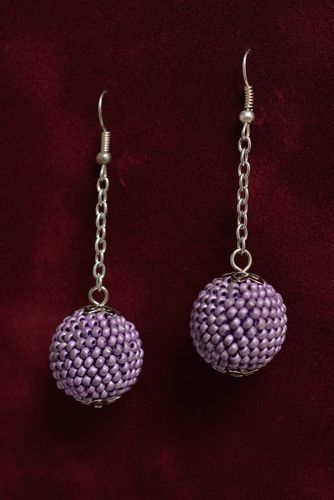 Handmade dangling earrings with bead woven violet balls and metal chains - MADEheart.com