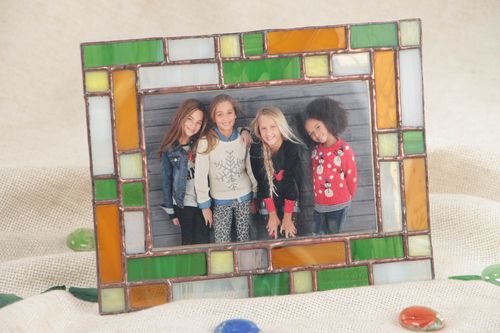Handmade decorative stained glass photo frame in green and yellow color palette - MADEheart.com