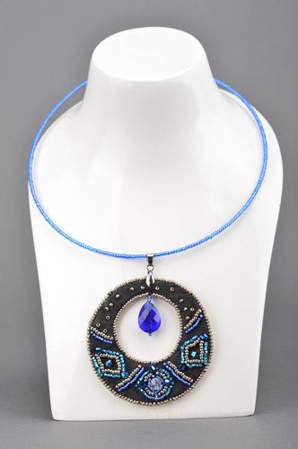 Handmade unusual necklace made of natural leather embroidered with beads - MADEheart.com