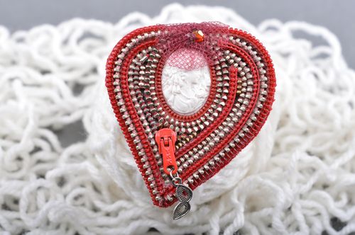 Handmade designer heart-shaped red brooch with cameo for coat or blouse - MADEheart.com