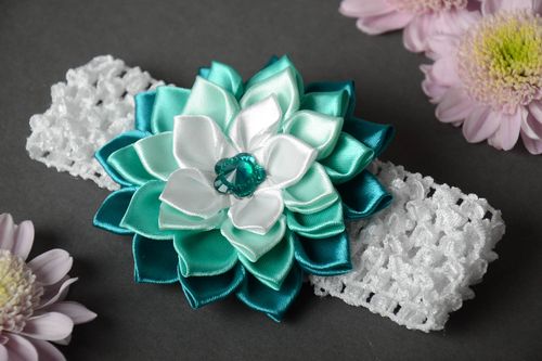 Handmade decorative headband with lacy basis and kanzashi flower for little girl - MADEheart.com