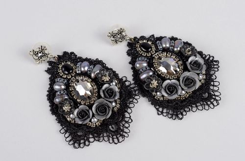 Handmade black earrings evening earrings with glass beads stylish accessory - MADEheart.com