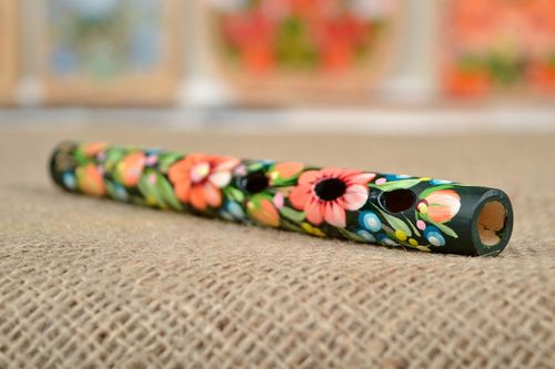 Wooden tin whistle handmade Petrykivka painting flute ethnic present for kids - MADEheart.com