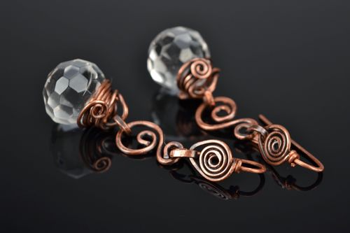 Long wire wrap copper earrings with crystal - MADEheart.com