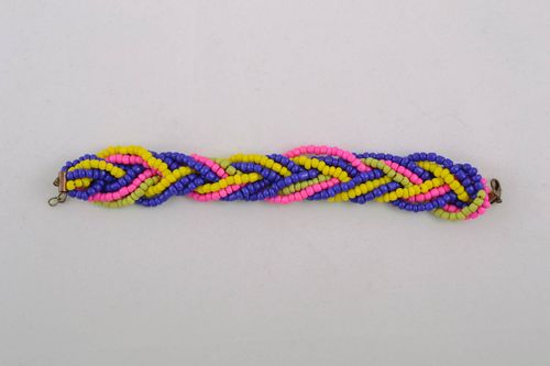 Blue, red, yellow beaded bracelet in the shape of pigtail - MADEheart.com
