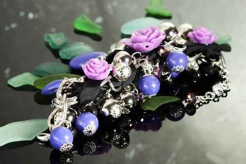 Purple roses with blue beads large bracelet charm bracelet for women - MADEheart.com