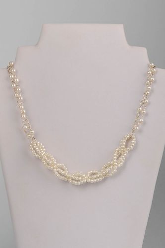 Handmade decorative white ceramic pearl beads necklace long fancy accessory - MADEheart.com