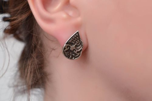 Handmade small drop shaped stud earrings cast of zinc aluminum copper alloy - MADEheart.com
