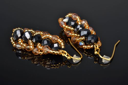 Black and gold long beaded earrings with crystals - MADEheart.com