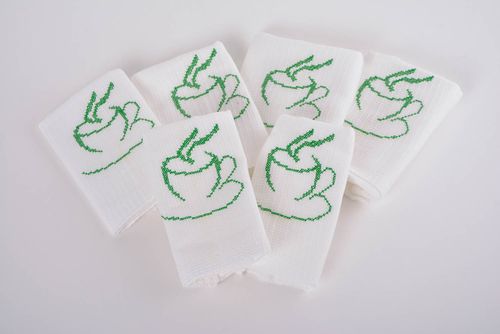Serviettes de table en tissu coton 6 pièces faites main blanches avec broderie - MADEheart.com