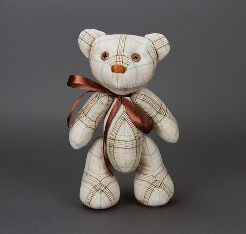 Soft childrens toy bear with bow on neck and paws fixed on hinges - MADEheart.com