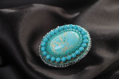 Broche en variscite et perles de rocaille faite main bleue ovale originale - MADEheart.com