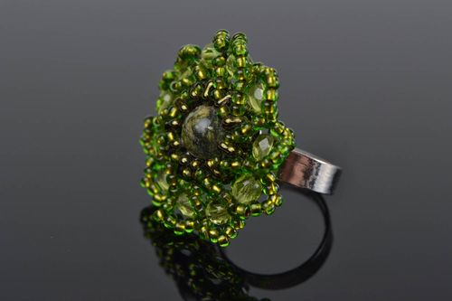 Handmade green ring made of seed beads with natural stone of unusual shape - MADEheart.com