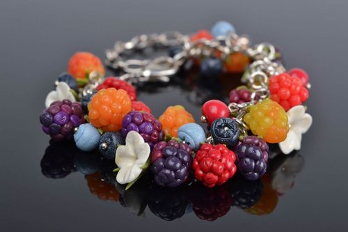 Handmade chain wrist bracelet with polymer clay colorful berries and flowers - MADEheart.com