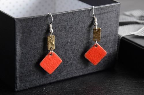 Handmade copper red earrings with charms decorated with hot enamel painting - MADEheart.com
